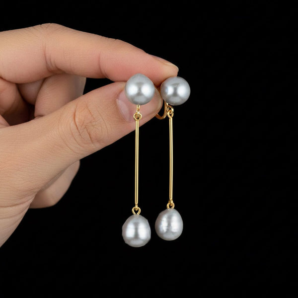 Vintage Gray Baroque Pearl Drop Earrings 14K Gold