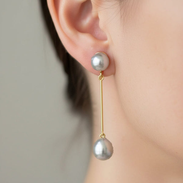 Vintage Gray Baroque Pearl Drop Earrings 14K Gold