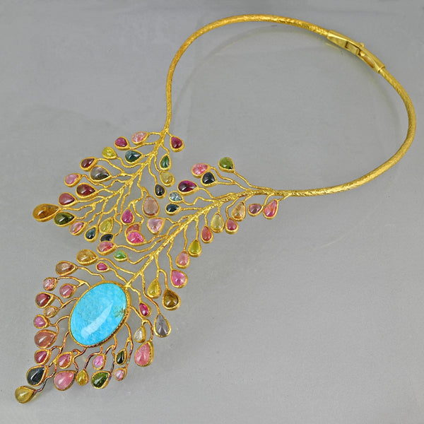 Gold Vermeil Natural Tourmaline Peacock Bib Necklace
