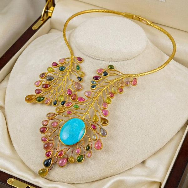 Gold Vermeil Natural Tourmaline Peacock Bib Necklace