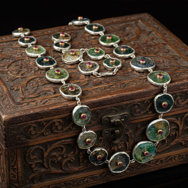 Roman Glass Necklace with 14K Gold Ruby Sterling Silver