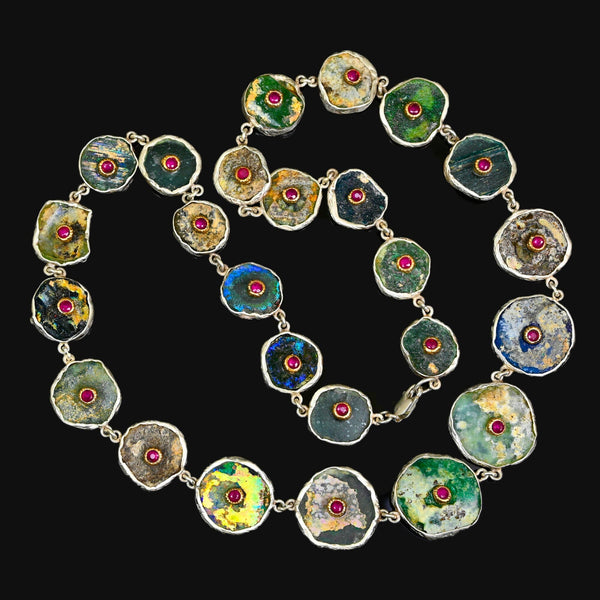 Roman Glass Necklace with 14K Gold Ruby Sterling Silver