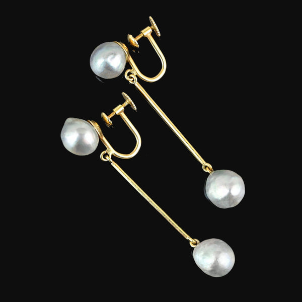 Vintage Gray Baroque Pearl Drop Earrings 14K Gold