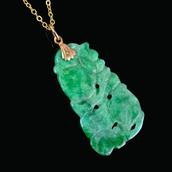 Vintage 14K Gold Carved Jadeite Jade Pendant Necklace - Boylerpf