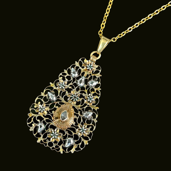 Antique 18K Gold Filigree Rose Cut Diamond Pendant - Boylerpf