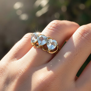 Vintage Three Stone Heart Cut Blue Topaz Ring in Gold - Boylerpf