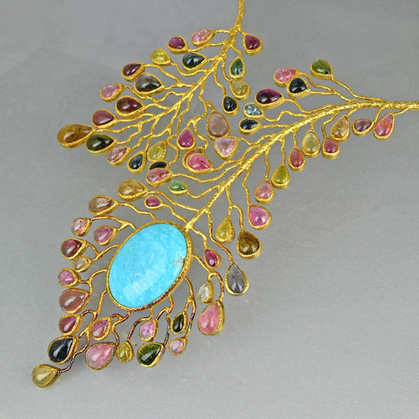Gold Vermeil Natural Tourmaline Peacock Bib Necklace