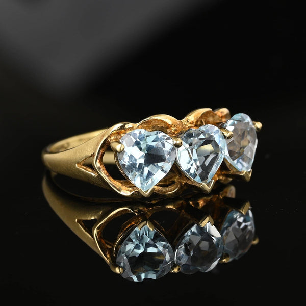 Vintage Three Stone Heart Cut Blue Topaz Ring in Gold - Boylerpf
