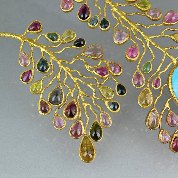 Gold Vermeil Natural Tourmaline Peacock Bib Necklace