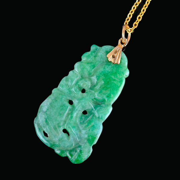 Vintage 14K Gold Carved Jadeite Jade Pendant Necklace - Boylerpf