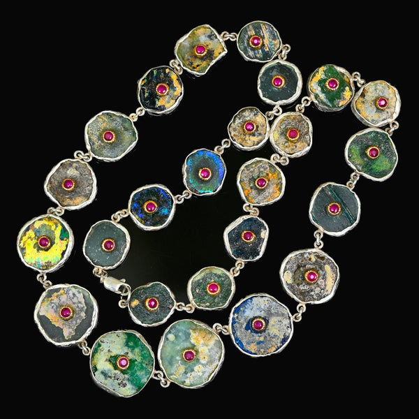 Roman Glass Necklace with 14K Gold Ruby Sterling Silver