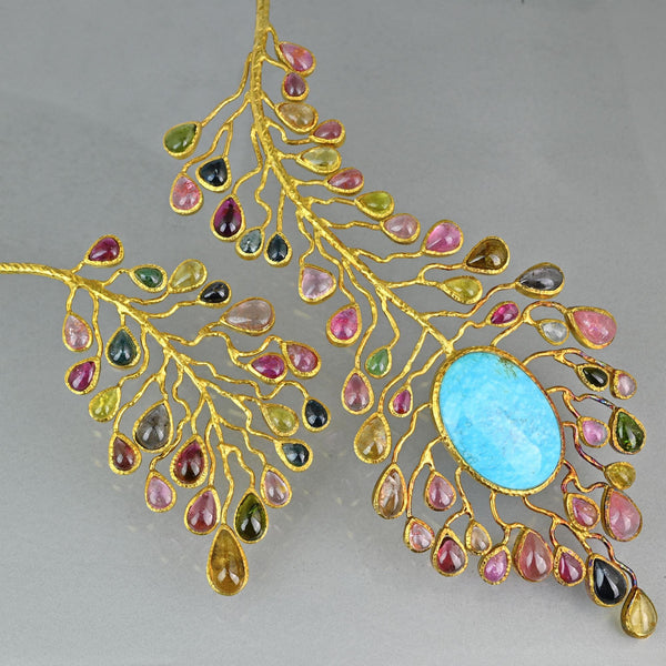 Gold Vermeil Natural Tourmaline Peacock Bib Necklace