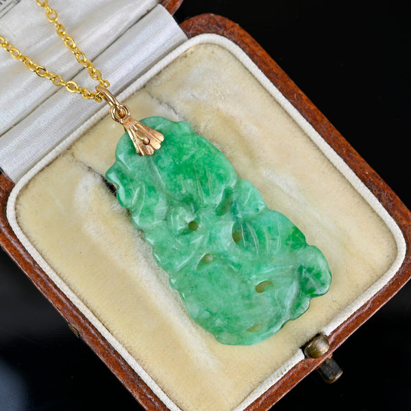 Vintage 14K Gold Carved Jadeite Jade Pendant Necklace - Boylerpf