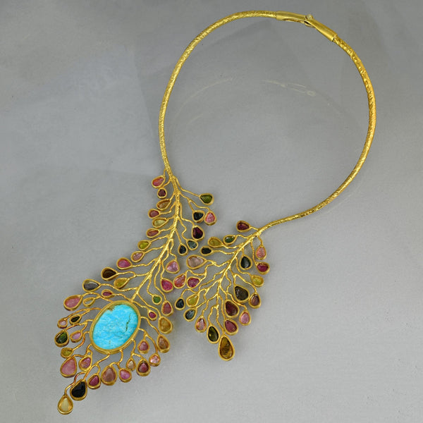 Gold Vermeil Natural Tourmaline Peacock Bib Necklace