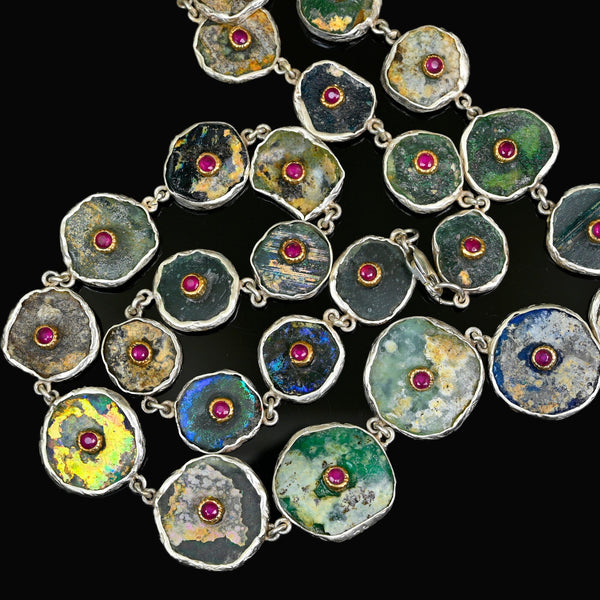 Roman Glass Necklace with 14K Gold Ruby Sterling Silver