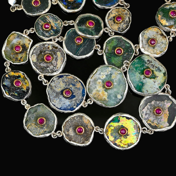 Roman Glass Necklace with 14K Gold Ruby Sterling Silver