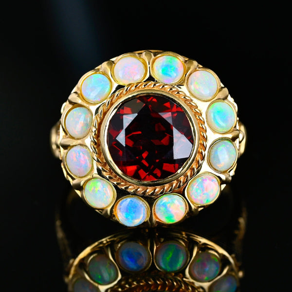 Vintage 14K Gold Cabochon Opal Halo Garnet Ring