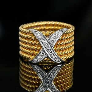 Wide 18K Gold Six Row Rope Ring w Diamond X, Schlumberger Style - Boylerpf