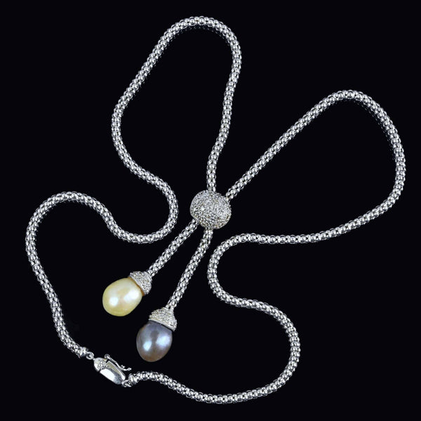 Diamond South Sea and Tahitian Pearl Lariat Necklace, 14K White Gold - Boylerpf