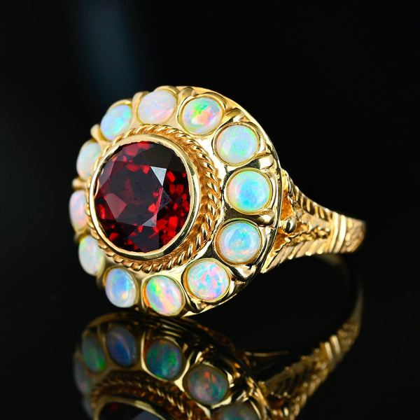 Vintage 14K Gold Cabochon Opal Halo Garnet Ring