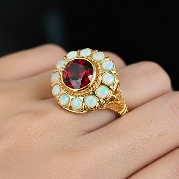 Vintage 14K Gold Cabochon Opal Halo Garnet Ring