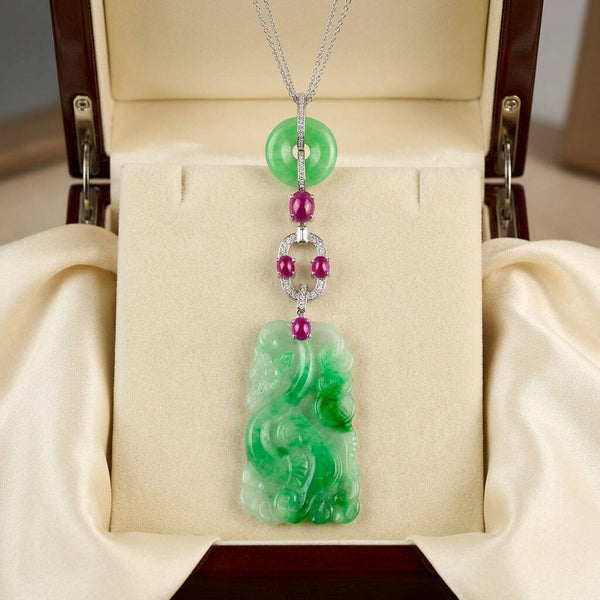 Art Deco Jadeite Jade Ruby Diamond Platinum Pendant Necklace