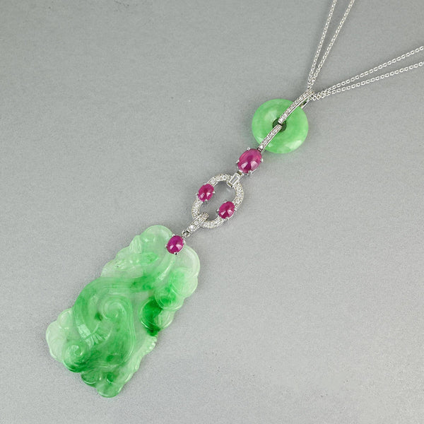 Art Deco Jadeite Jade Ruby Diamond Platinum Pendant Necklace