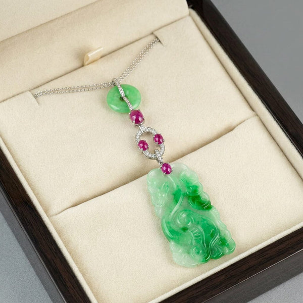 Art Deco Jadeite Jade Ruby Diamond Platinum Pendant Necklace
