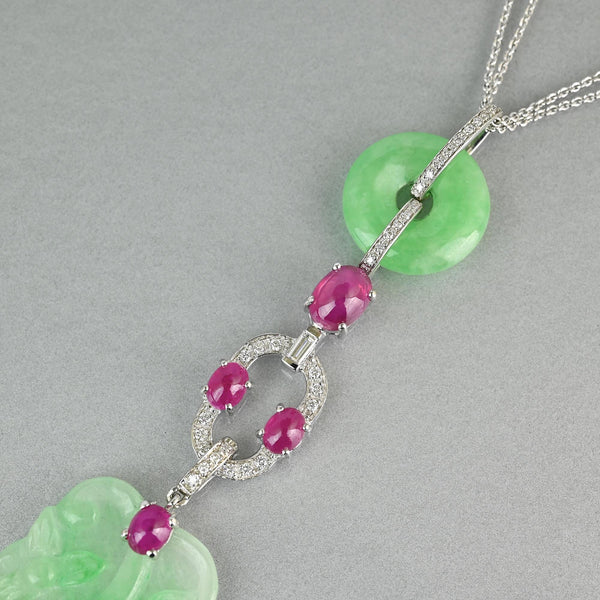 Art Deco Jadeite Jade Ruby Diamond Platinum Pendant Necklace