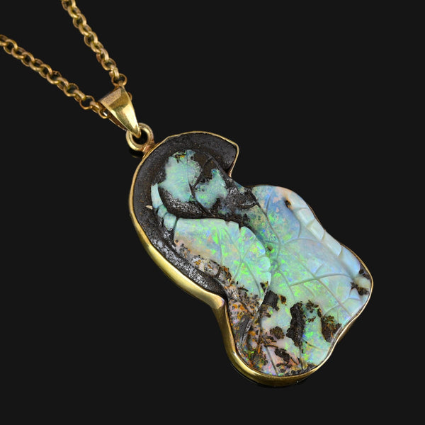 Extra Large Carved Leaf Boulder Opal Pendant Necklace - Boylerpf