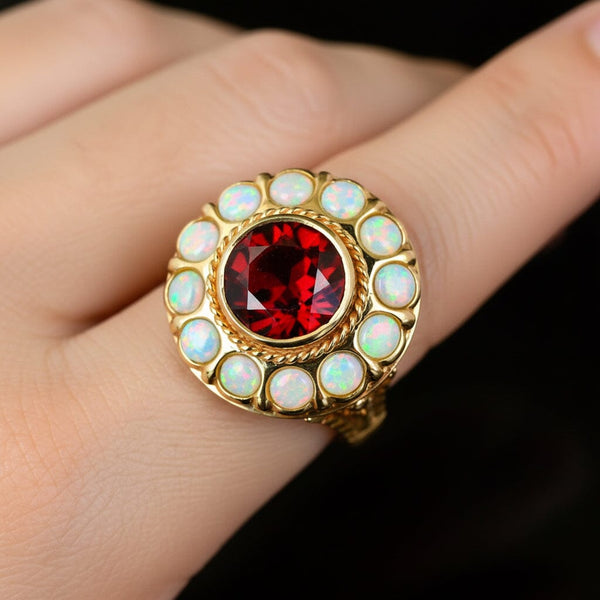 Vintage 14K Gold Cabochon Opal Halo Garnet Ring