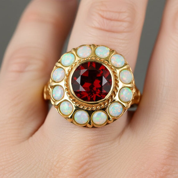 Vintage 14K Gold Cabochon Opal Halo Garnet Ring