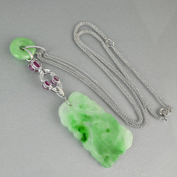 Art Deco Jadeite Jade Ruby Diamond Platinum Pendant Necklace