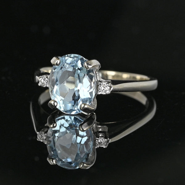 Vintage Diamond Accent Aquamarine Solitaire Ring in White Gold - Boylerpf