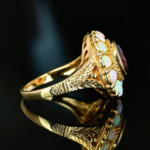 Vintage 14K Gold Cabochon Opal Halo Garnet Ring