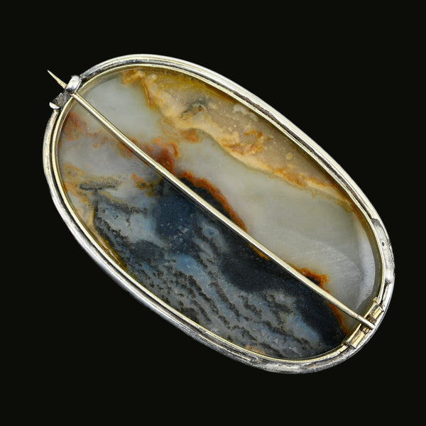 Antique Scottish Agate Brooch 3" Silver Pin Statement