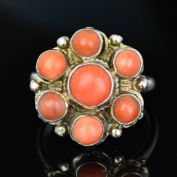 Antique Arts & Crafts Silver Coral Cabochon Ring - Boylerpf