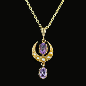 Vintage Gold Pearl Crescent Moon Amethyst Pendant - Boylerpf