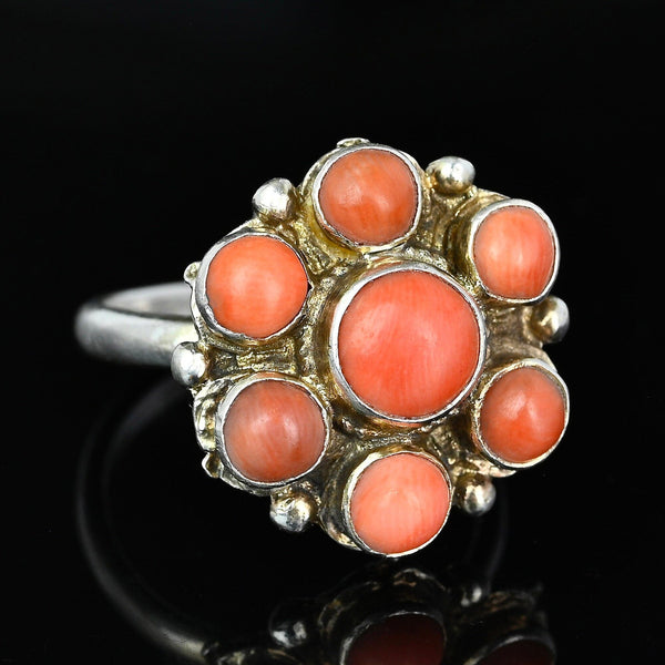 Antique Arts & Crafts Silver Coral Cabochon Ring - Boylerpf