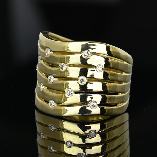 Wide 14K Gold Chevron Wave Diamond Ring Band - Boylerpf