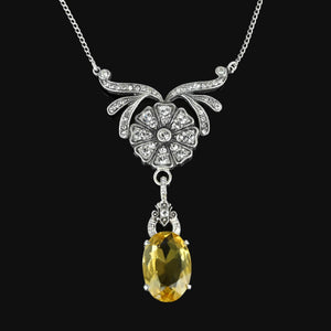 Art Deco Diamond Paste Flower Citrine Pendant Necklace - Boylerpf