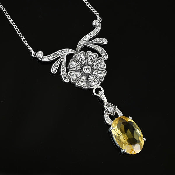 Art Deco Diamond Paste Flower Citrine Pendant Necklace - Boylerpf