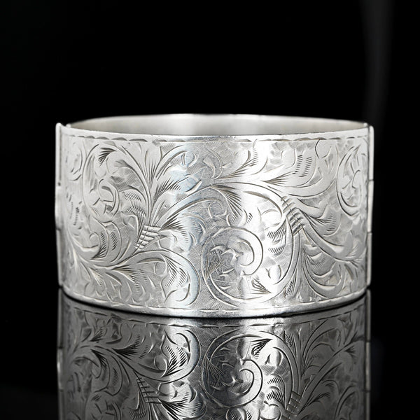 Antique Sterling Silver Floral Engraved Bangle Bracelet