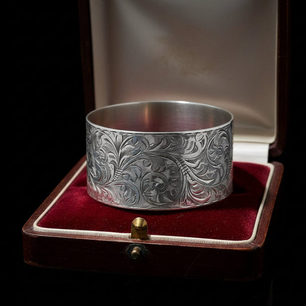 Antique Sterling Silver Floral Engraved Bangle Bracelet