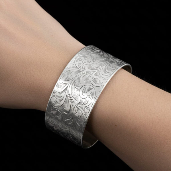Antique Sterling Silver Floral Engraved Bangle Bracelet