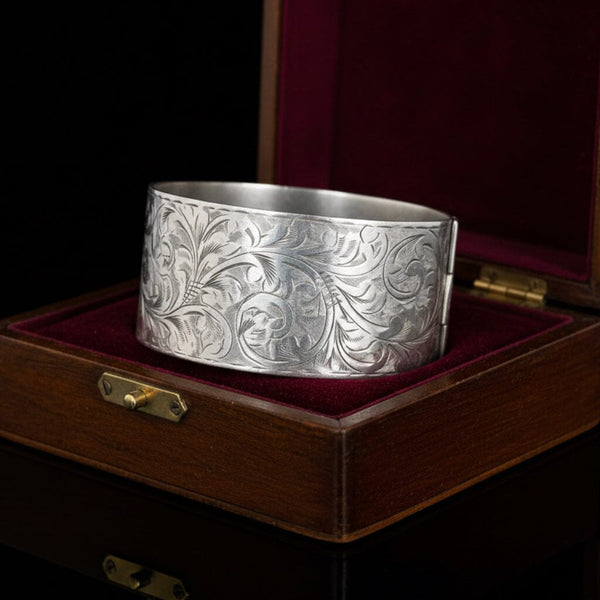 Antique Sterling Silver Floral Engraved Bangle Bracelet