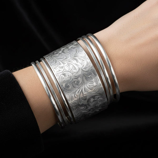 Antique Sterling Silver Floral Engraved Bangle Bracelet
