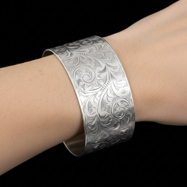 Antique Sterling Silver Floral Engraved Bangle Bracelet