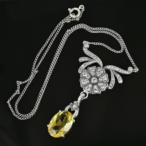 Art Deco Diamond Paste Flower Citrine Pendant Necklace - Boylerpf