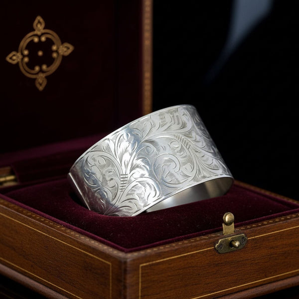 Antique Sterling Silver Floral Engraved Bangle Bracelet